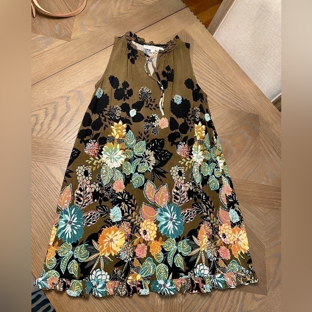 LOFT floral olive green swing sleeveless dress - Picture 2 of 8